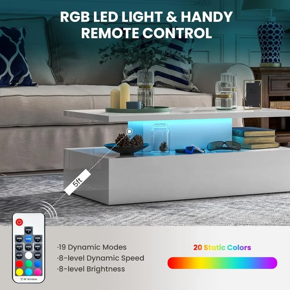 LED Coffee Table, Modern High Gloss Coffee Table w/ 20-Color LED Lights,2-Tier Rectangle Living Room Center Table