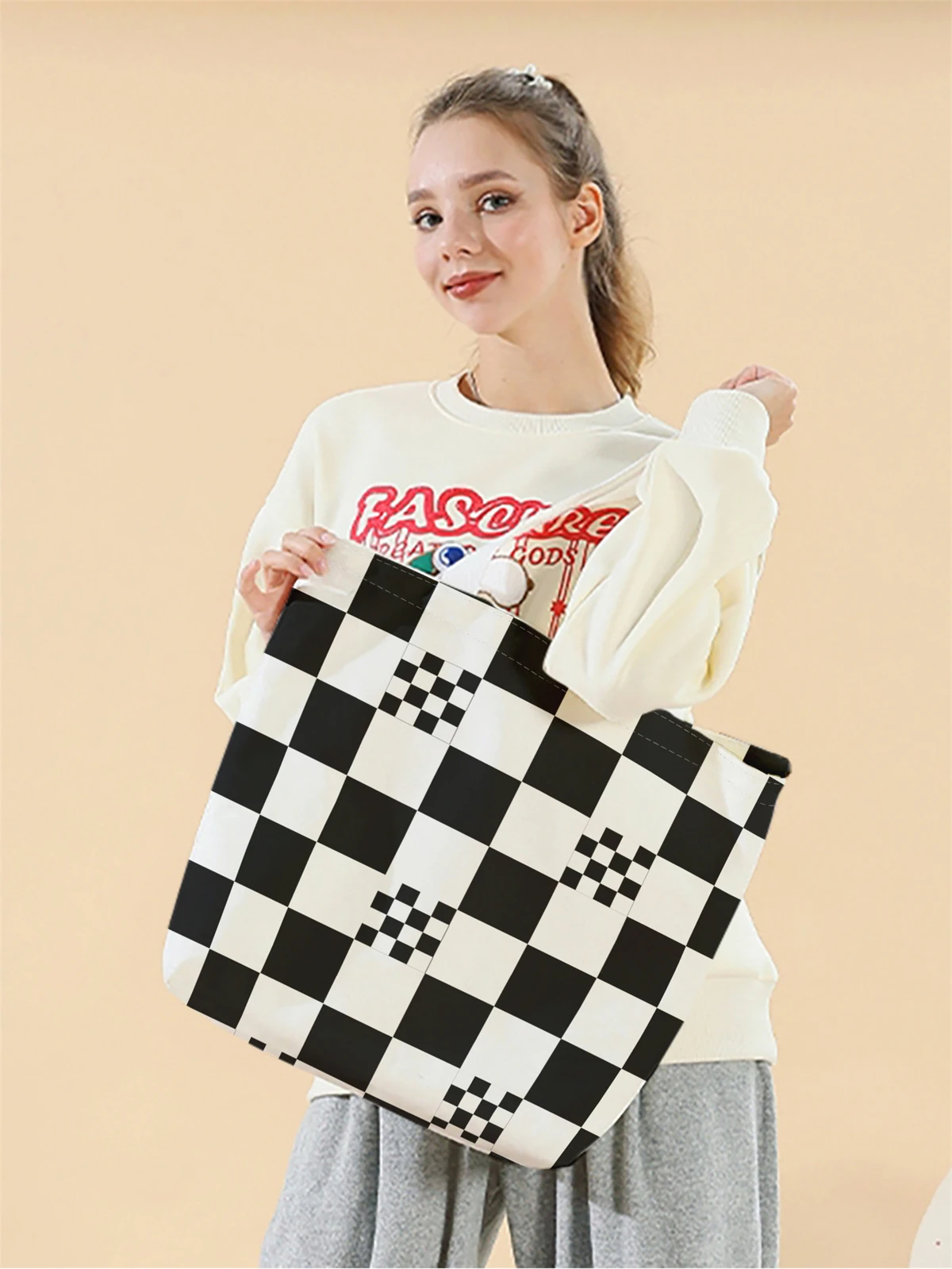 1pc,checkerboard handbag, reusable fashionable handbag, multifunctional handbag, printed canvas shopping bag