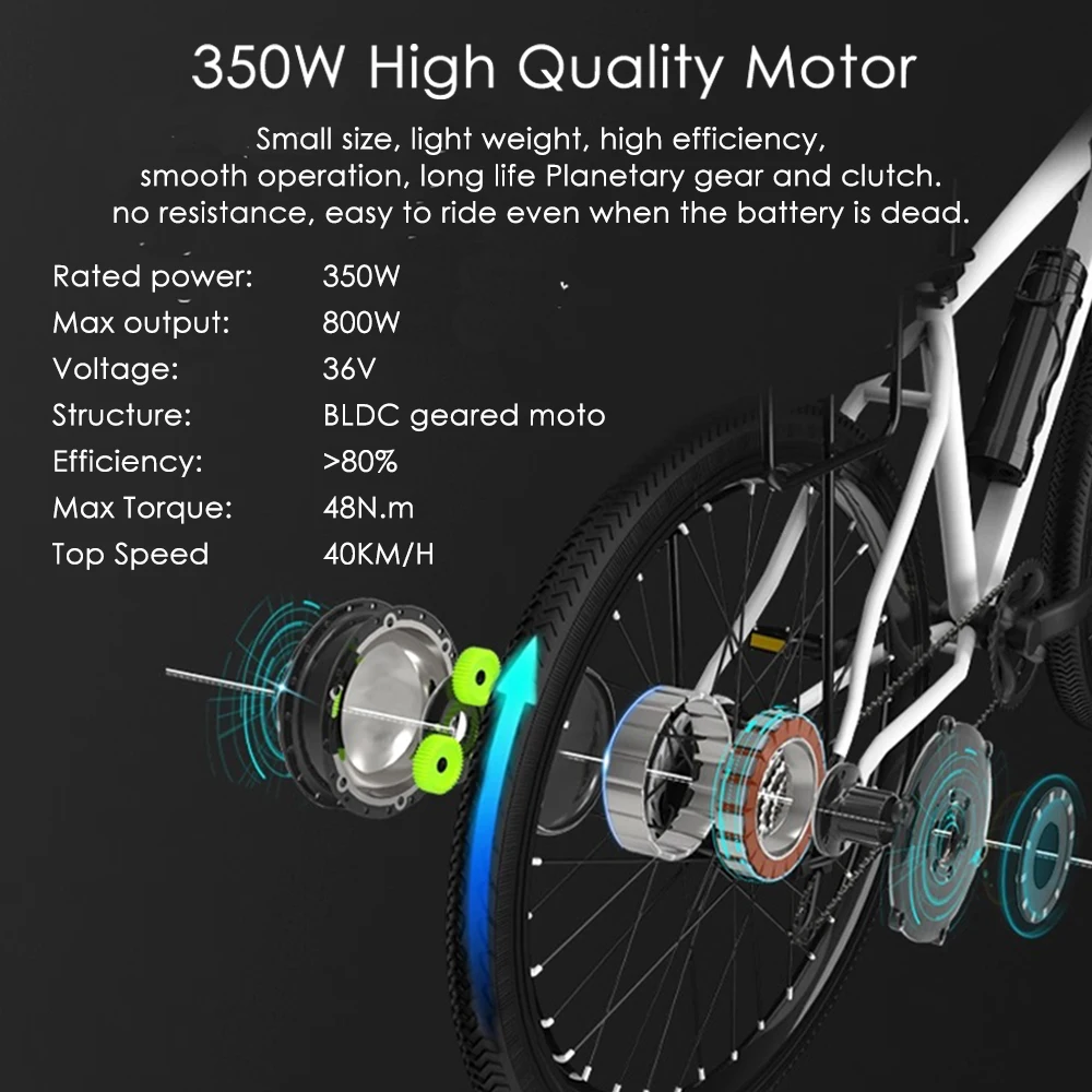 샤크 전기 자전거 키트 36V 350W 전기 자전거 개조 키트 배터리 리어 허브 모터 휠(카세트 프리휠 포함) 유선형 설치