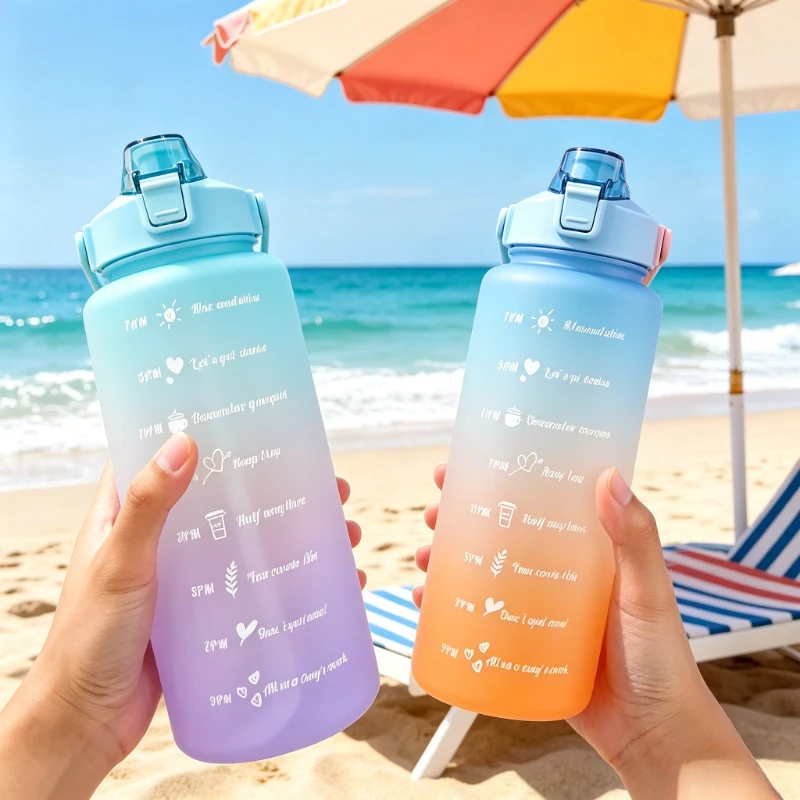 Large 2 Liter Portable Water Bottle with Straw and Time Scale for Women and Girls - Ideal for Travel, Sports, and Fitness