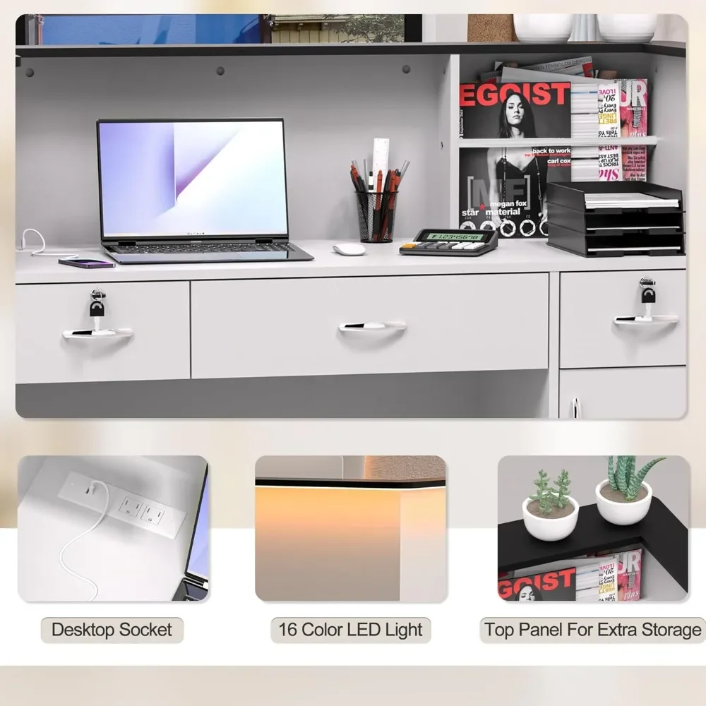 Reception Desk with Counter, Modern Front Table Equipped Lockers & Storage Shelves, 50-inch Checkout Counter with LED Lights 4