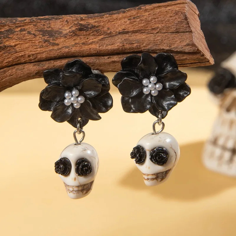 Halloween Punk Gothic Y2K Black Skull Camellia Girls Fun Cosplay Piercing Earrings Holiday Party Gifts Jewelry Accessories