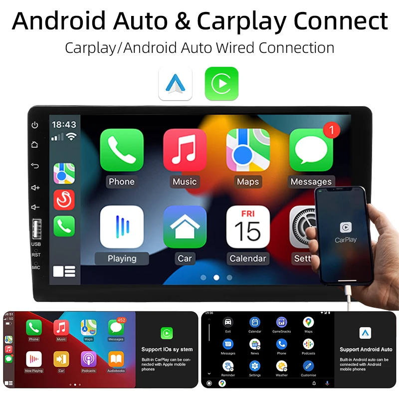 Autoradio 9 Pollici Android 14 Universale – 2+32 GB, CarPlay/Android Auto Wireless, GPS, FM, Bluetooth, Mirror Link