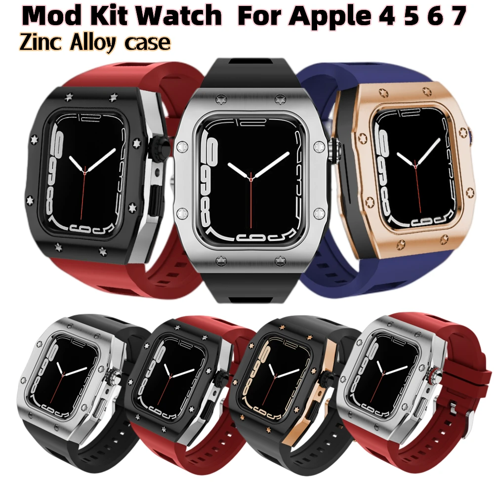 Luxury Zinc Alloy Modified Kit Watch Case For Apple Watch4 5 6 44mm Rubber  Strap Set Iwatch7 45mm Metal Case Cover