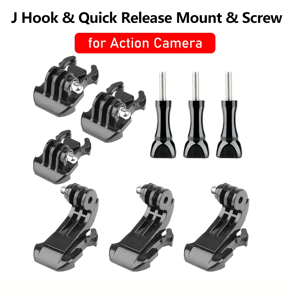 Base adhésive et crochets J du lot de supports et accessoires pour GoPro, disposés sur fond blanc.