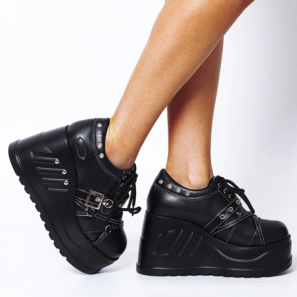 Gigifox Gothic Platform Wedges Black Women Vulcainzed Shoes Casual