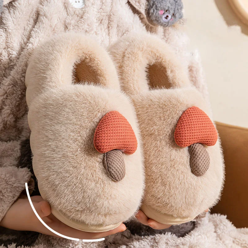 Cartoon Mushroom Fluffy Slippers Women Bag Heel Warm Indoor Cotton Shoes Woman Soft Faux Fur Thick Sole House Shoes Mujer