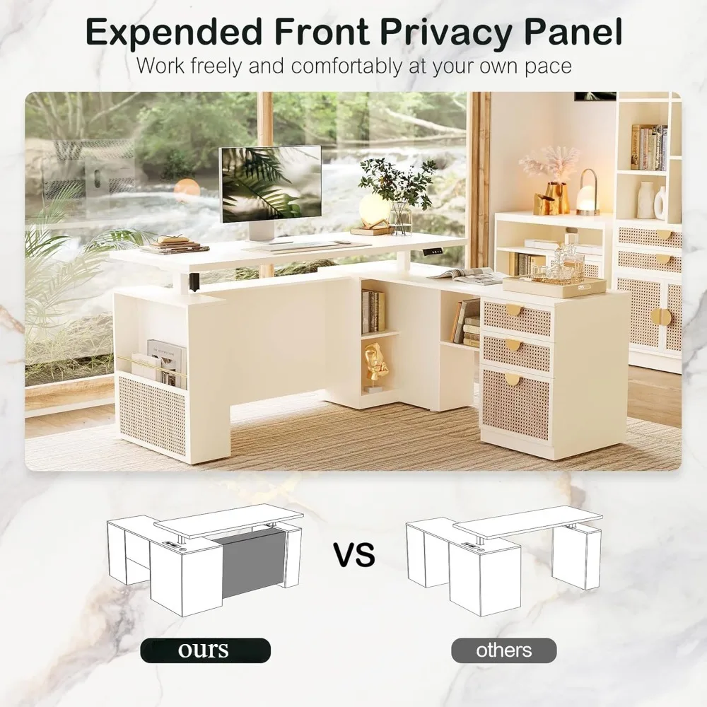 63" Standing Desk with File Cabinet, Privacy Panel, AC/USB, 1.18" Desktop, Executive L Shaped Height Adjustable Desk 3