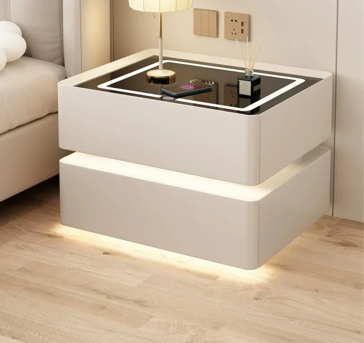 Description Picture 2 of itemModern Style Solid Wood Bedside Table with Wireless Charging Smart 2 Drawers Bedroom Nightstands with Lock