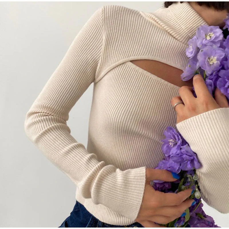 pink sweater Women's sexy pullover sweater Turtleneck long sleeve hollow-out slim women's sweater fashion spring/Fall 2022 cardigan