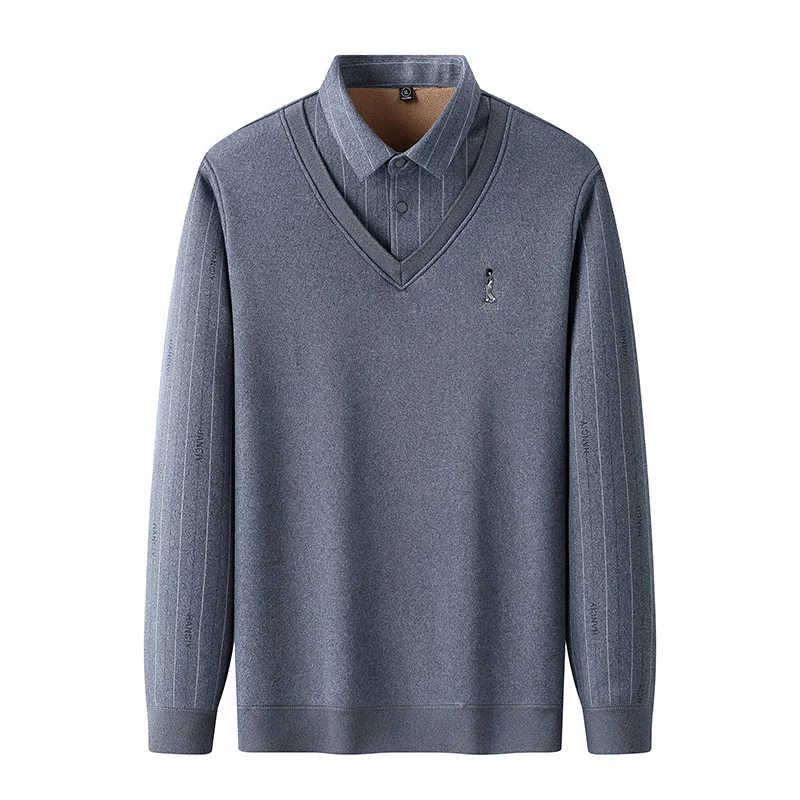 

Winter Top Quality Autumn and Plus Fleece Fake Two Warm Shirts For Men Youth Business Casual Wool Sweater Shirt Pullovers
