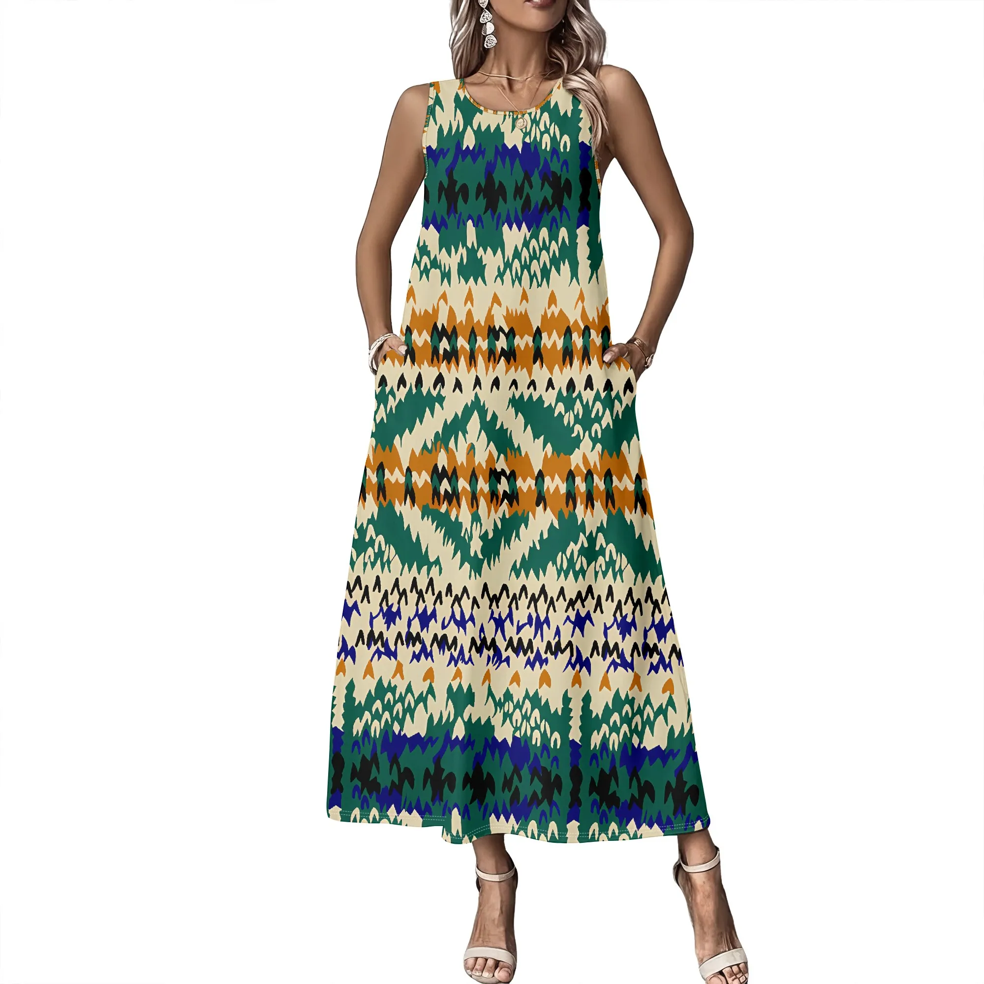 Ärmelloses Sommerkleid für Damen mit Rundhalsausschnitt, 3D-Modisch Bedrucktes Langes Swing-Kleid – Detail 1