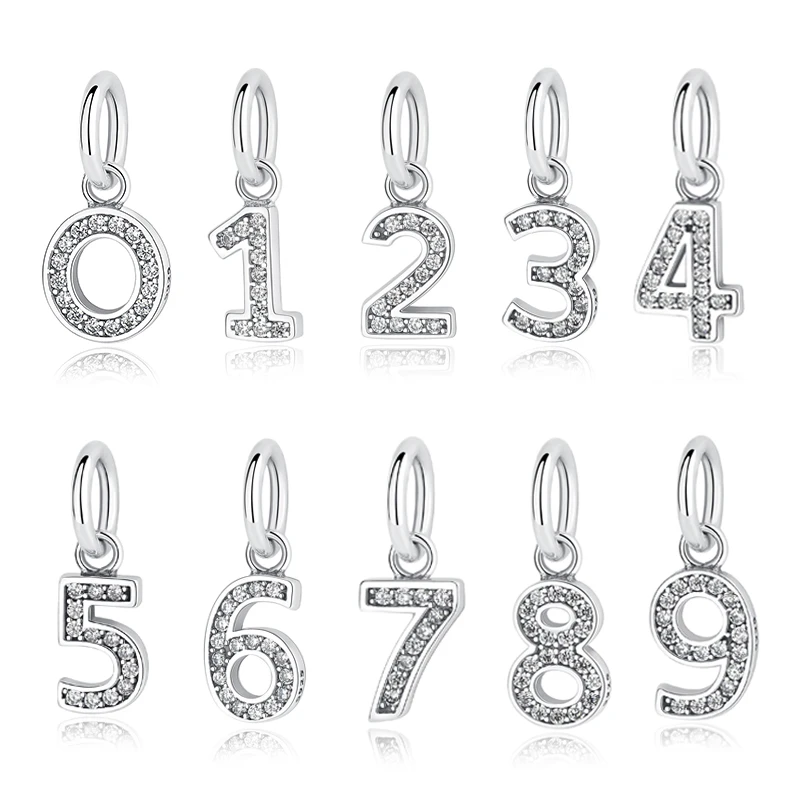 Original 100% 925 Sterling Silver Charm Bead Numbers 0-9 Pendant Charms Fit Pandora Bracelets Necklaces Diy Women Jewelry