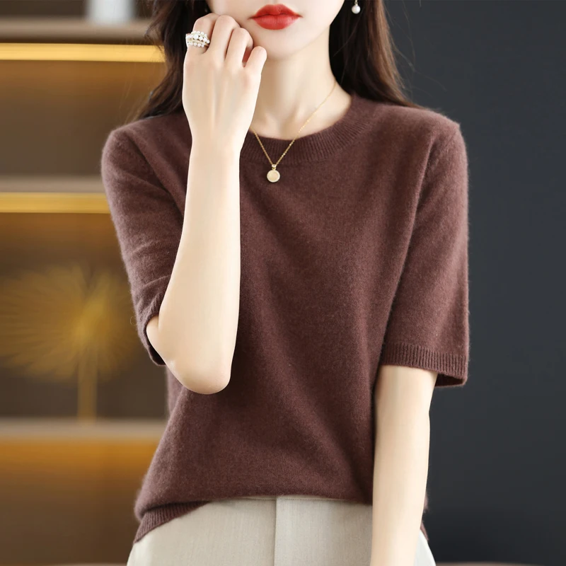 ตัวเลือกสินค้า ฤดูใบไม้ผลิและฤดูร้อนใหม่แขนสั้นผู้หญิง O-คอ Slim Wool Cotton Blend เสื้อกั๊กเสื้อยืดถักเสื้อกันหนาว