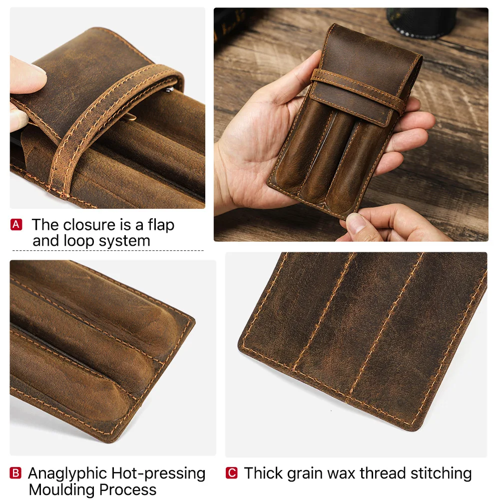 Handmade Crazy Horse Leather 1/2/3 Slots Pen Case Organizer Pocket Pen Holder Case for Adult Office School Vintage Retro Style