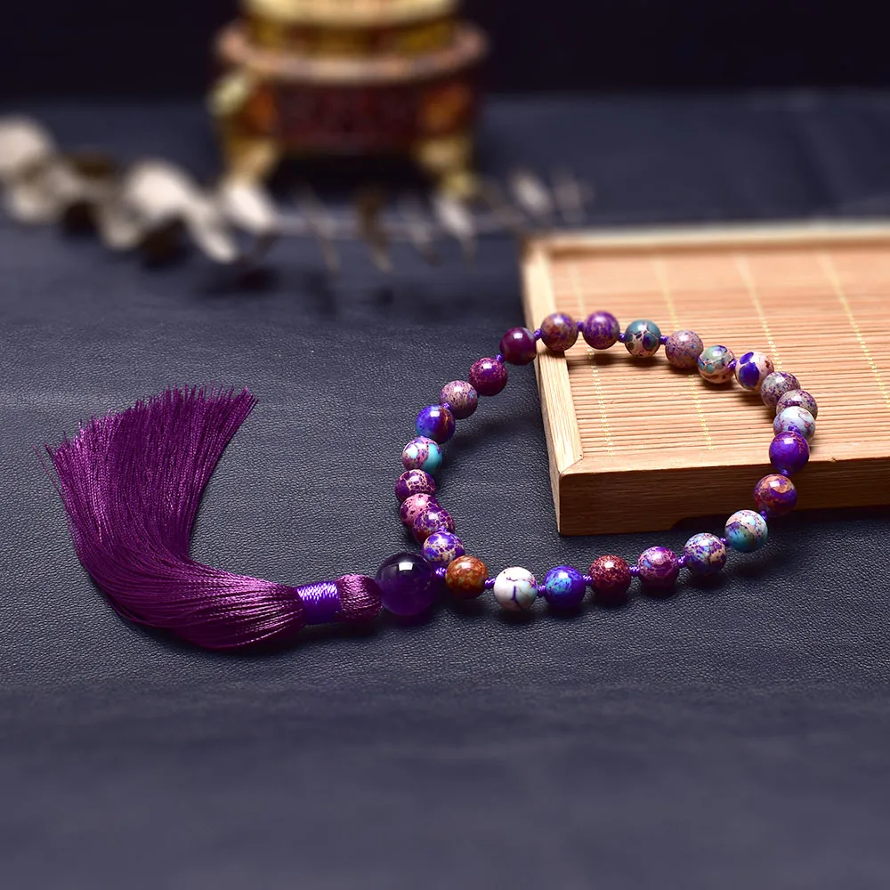 

Quarter Mala 8mm Knotted 27 +1Prayer Beads Tassel Bracelet Blue-purple Jasper Pocket Mala Yoga Meditation Worry Beads Mini Mala
