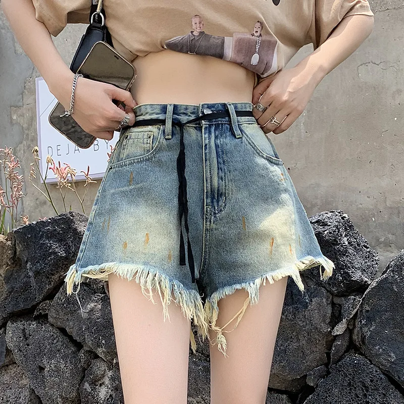 Denim Planet Spicy Girl Plush Denim Shorts Women's Summer High Waist Loose Slimming Lace Up Tie Dyed Washed Wide Leg Hot Pants