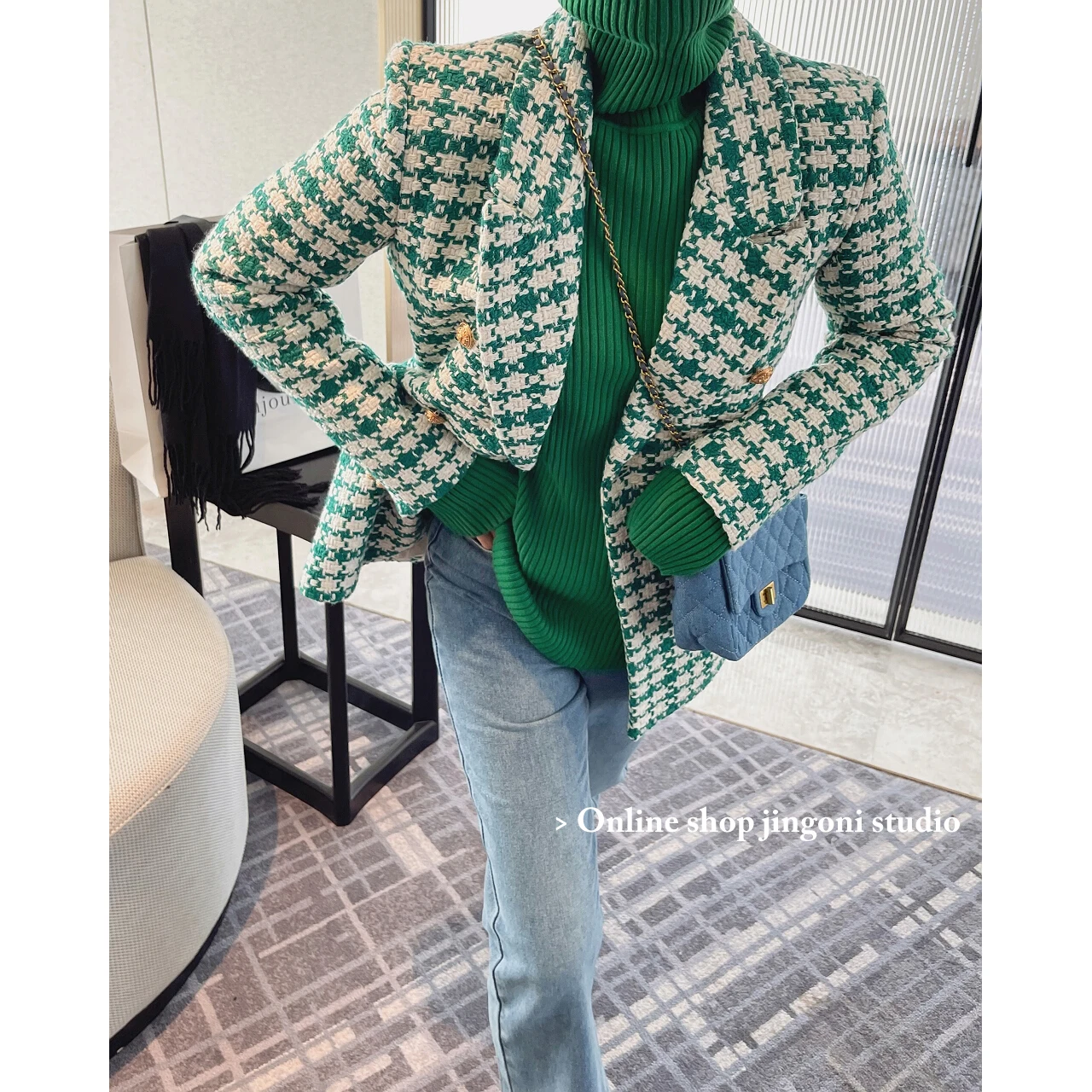 

2022 Winter Green Plaid Women Trench Coats Heavy Woolen Tweed Jackets Blazer New Korean Fashion Clothes Y2k Urban Chic Overcoat