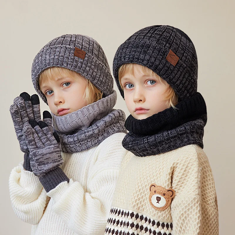 Winter Children Hat Scarf Gloves Set Knitted Beanie Thicken Velvet Lining Hats for Boys Girls Neck Warmer Scarves Mitten 4-10Y 1