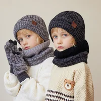 Winter Children Hat Scarf Gloves Set Knitted Beanie Thicken Velvet Lining Hats for Boys Girls Neck Warmer Scarves Mitten 4-10Y 1
