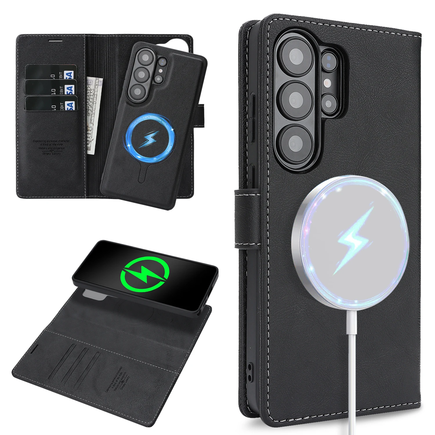 Premium 2-in-1 Detachable Magnetic Leather Wallet Case with Wireless Charging Compatibility
