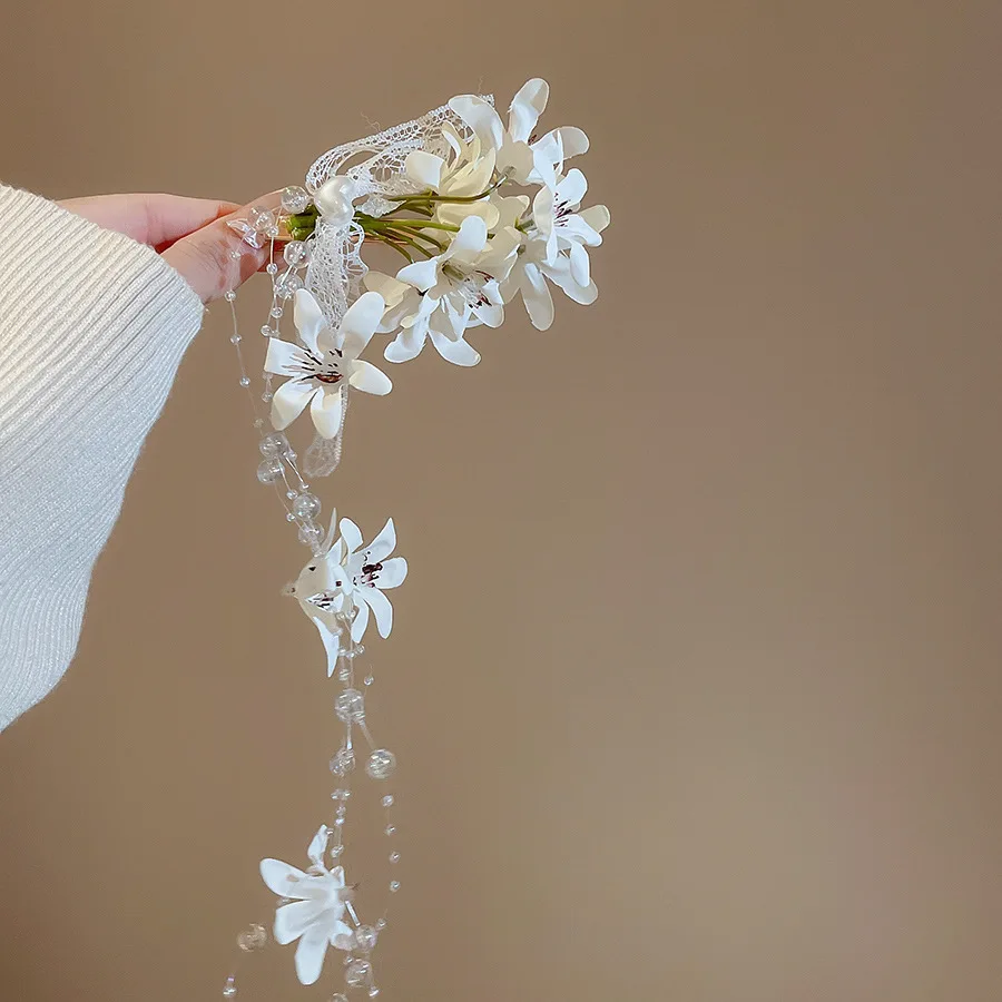 Stoffblumen-Haarspangen für Damen, Süße Spitzen-Schleife mit Langen Quasten, Entenschnabel-Clip im Fairycore-Lolita-Stil, Neue Haaraccessoires M – Detail 8