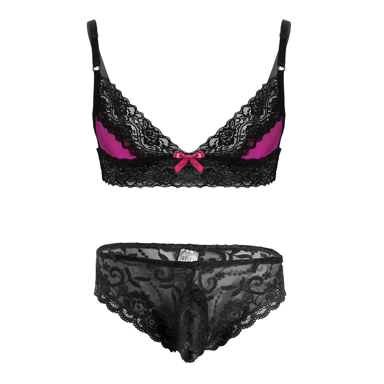 

Mens Sissy Lingerie Lace Set Adjustable Shoulder Straps Bra Top with Bulge Pouch Briefs Underwear for Nightwear Sleepwear