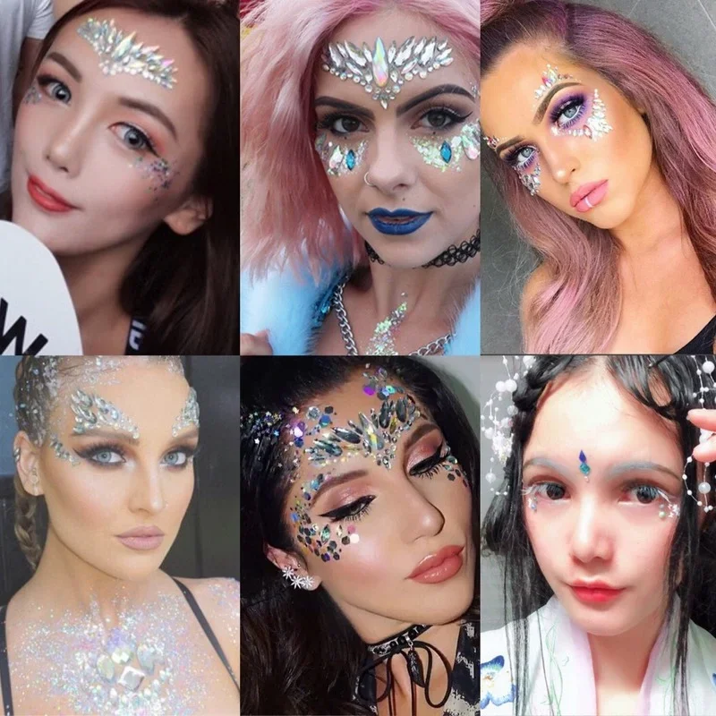 Sexy Face Tattoo Stickers Glitter Fake Tattoos Rhinestones for Woman Temporary Tattoos Party DIY