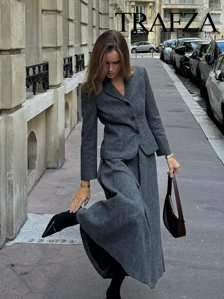 TRAFZA 2023 Autumn Women Fashion Sets Solid V Neck Tight Blazer + A Line Loose Comfortable Minimalism Style Female Long Skirt 5