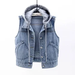 Denim Vest Women Short 2024 Spring New Hooded Big Pocket Sleeveless Jacket All-Match Slim Top Cardigan S-XXL Winter Coat Women