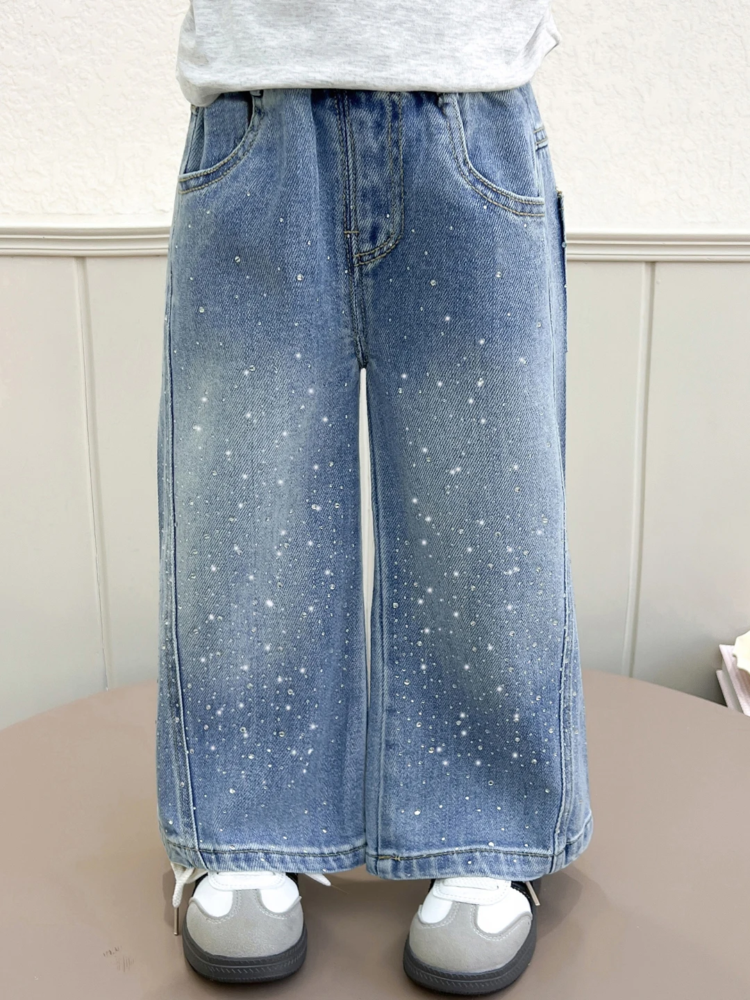봄 가을 어린이 데님 바지 와이드 레그 소녀 어린이 유행 다이아몬드 장식 느슨한 스트레이트 레그 베이비 바지