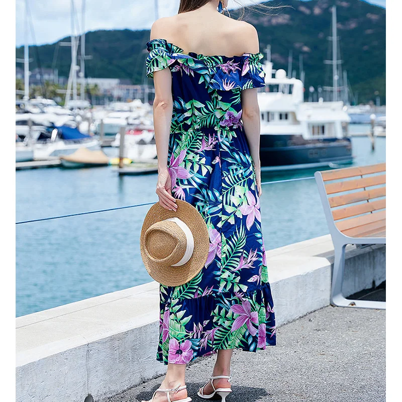 Summer Plus Size by the Seaside Beach Off Shoulder Plant Flowers Print One Word Collar Short Sleeve Sweet Ruffles Long Dresses