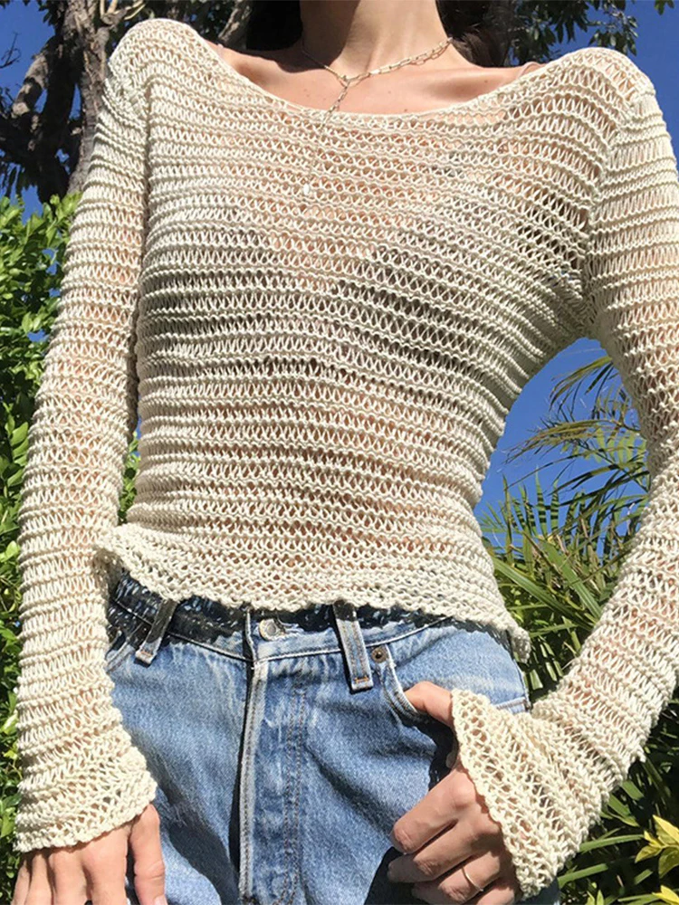 

SEASONS See Through Fashion Women Long Sleeve Tops Chic Hollow Out Knit Slim Basic Tee Shirt Aesthetic Cute Outfits ASTS85575