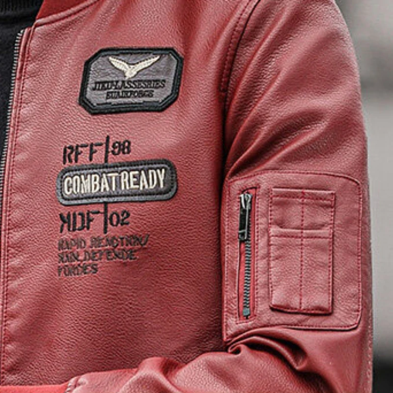 Spring Autumn New Men Fashion Embroidery Baseball Collar Leather Coat Casual All-Match Loose Large Size Biker Leather Jacket