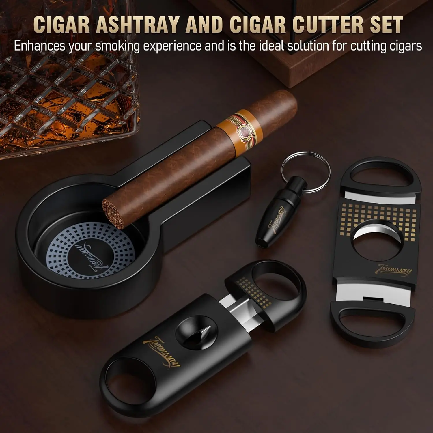 Portable Cigar Ashtray with V Cut Cutter Set Cigar Punch Outdoor Home Office Accessories For Men