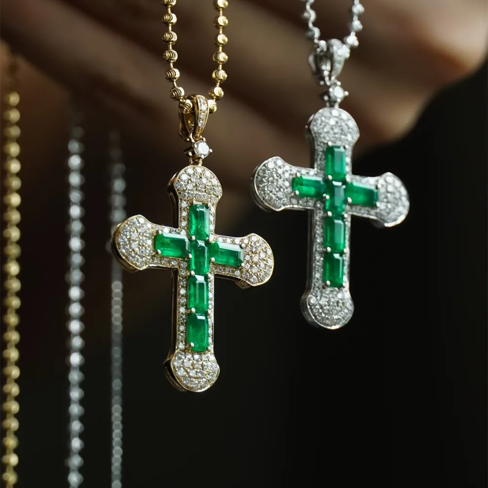 

UBESTNICE Real 18K Solid Yellow White Gold Jewelry AU750 Natural Diamond Emerald Cross Pendants for Necklaces Universal Buckle