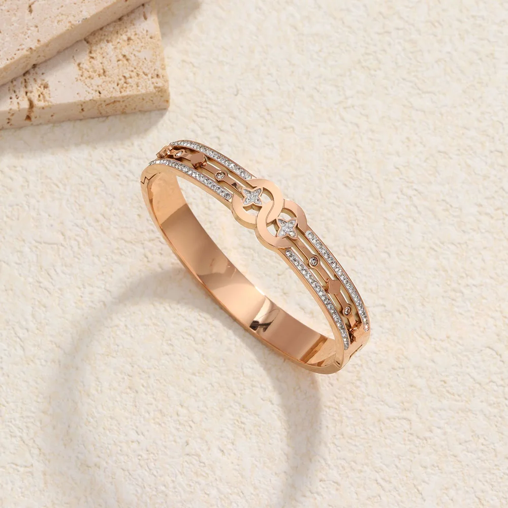 Fashion Stainless Steel Crystal Zircon Flower Bracelet Elegant and Noble Women's Wrist Bracelets Hollow Craft  Jewelry Wholesale 2