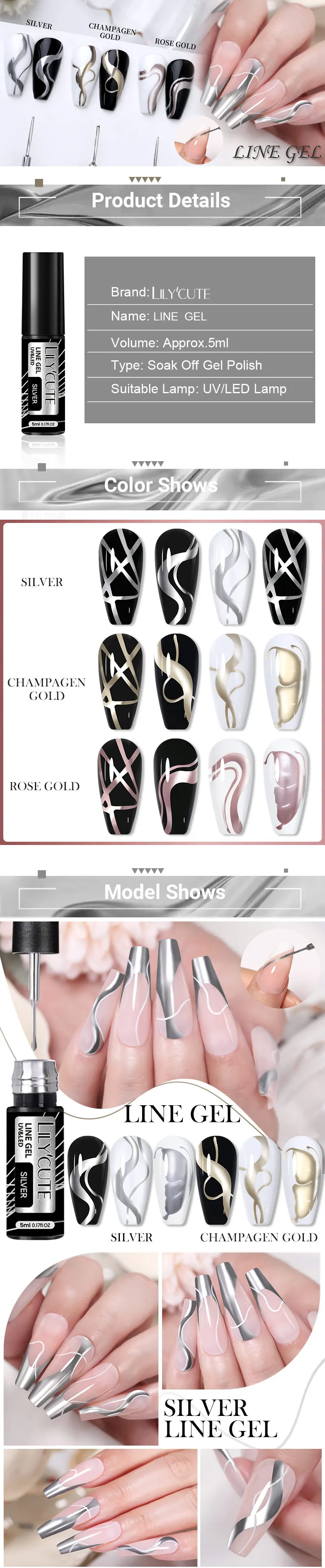 Description Picture 2 of itemLILYCUTE 5ml Champagne Chrome Gold Metallic Liner Gel Polish Super-Bright Mirror Effect French Style Drawing Line Nail Art Gel