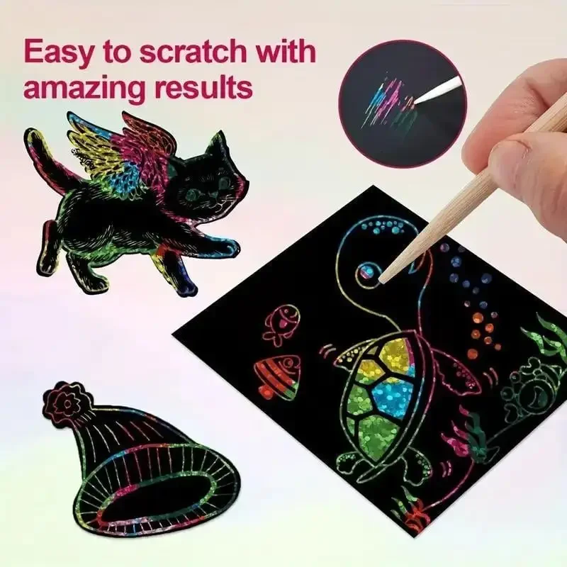 Scratch-Off Paper Box With Bamboo Pens For Colorful Scratch-Off Diy Kids Kindergarten Graffiti Paintings Rainbow Scratch Paper