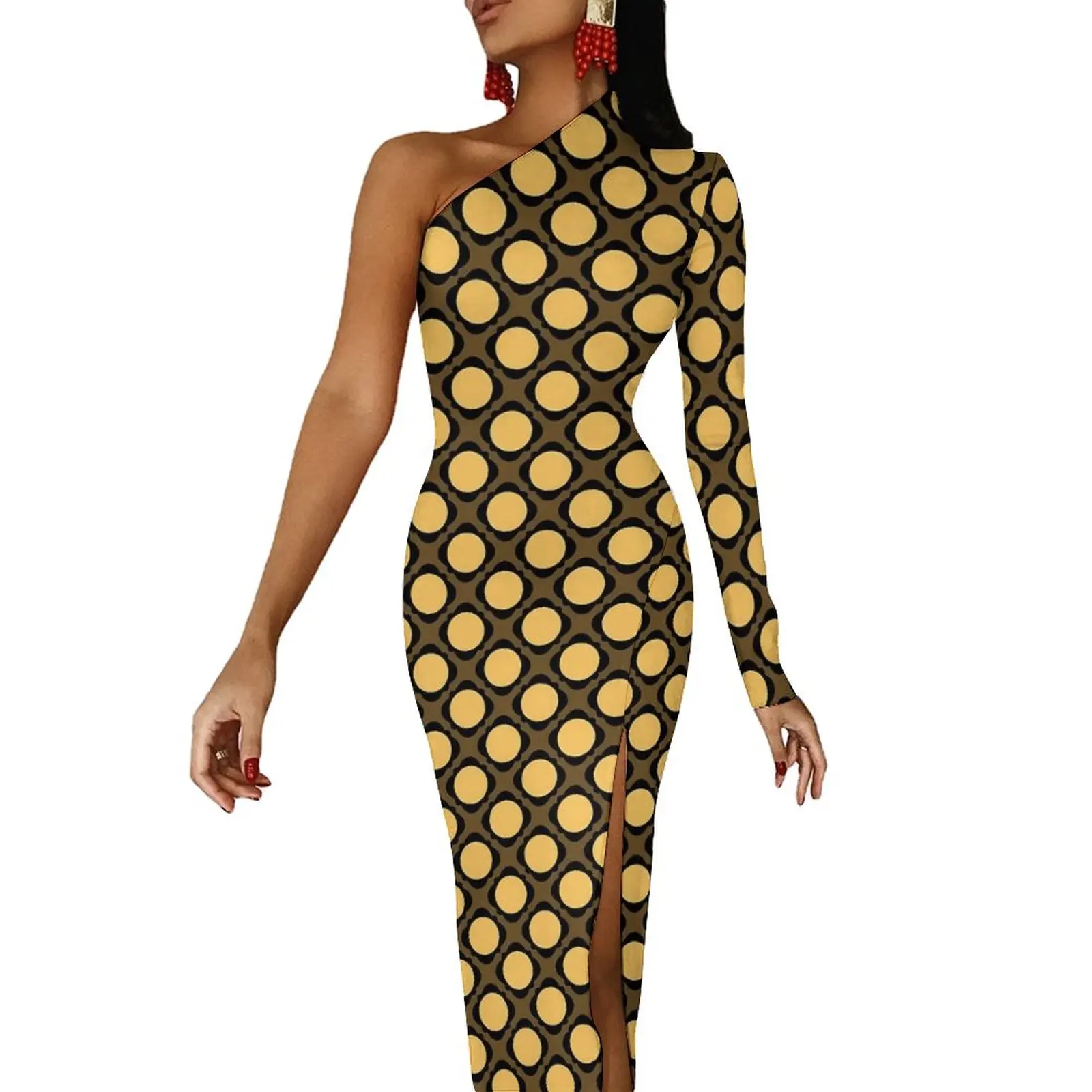 Gold Dot Long Dress Woman Retro Polka Dots Street Style Maxi Dress Summer Elegant Bodycon Dresses High Slit Custom Vestido