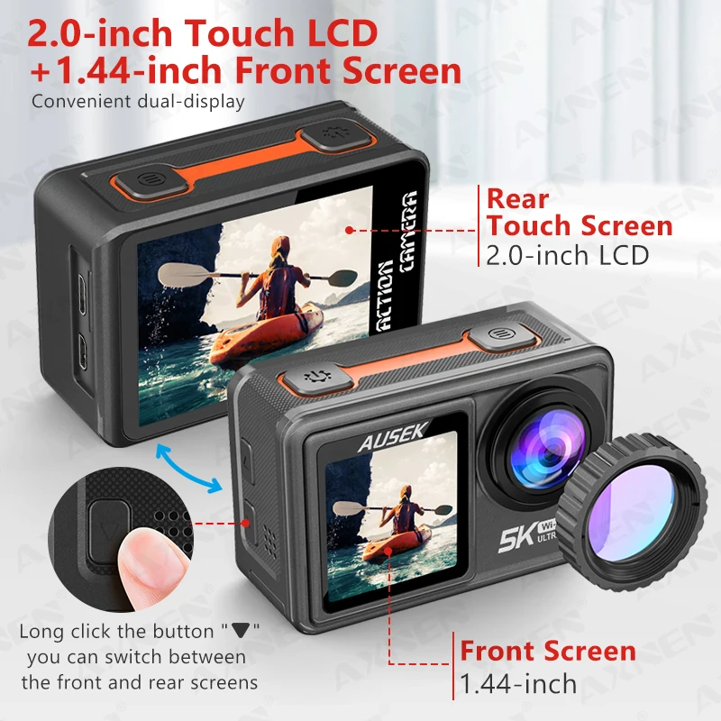 AXNEN AUSEK 5K Action Camera 4K 60FPS EIS 48MP Touch Screen 1080P Webcam  Vlog WiFi Sports Cam with Remote, Optional Filter Lens