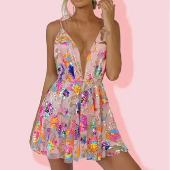 Sexy Deep V Backless Sequin Floral Tie Women Short Dress Sexy Sequin Floral Suspender Nightclub Dresses Beach Vaction Clothes 1