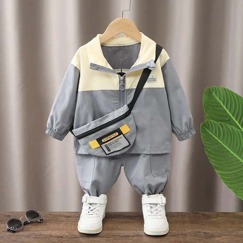 

Spring Autumn Baby Boys Clothes Patchwork Hoodies Pants 2Pcs/sets Outfit Infant Kids Sport Casual Clothing Tracksuits With Bag