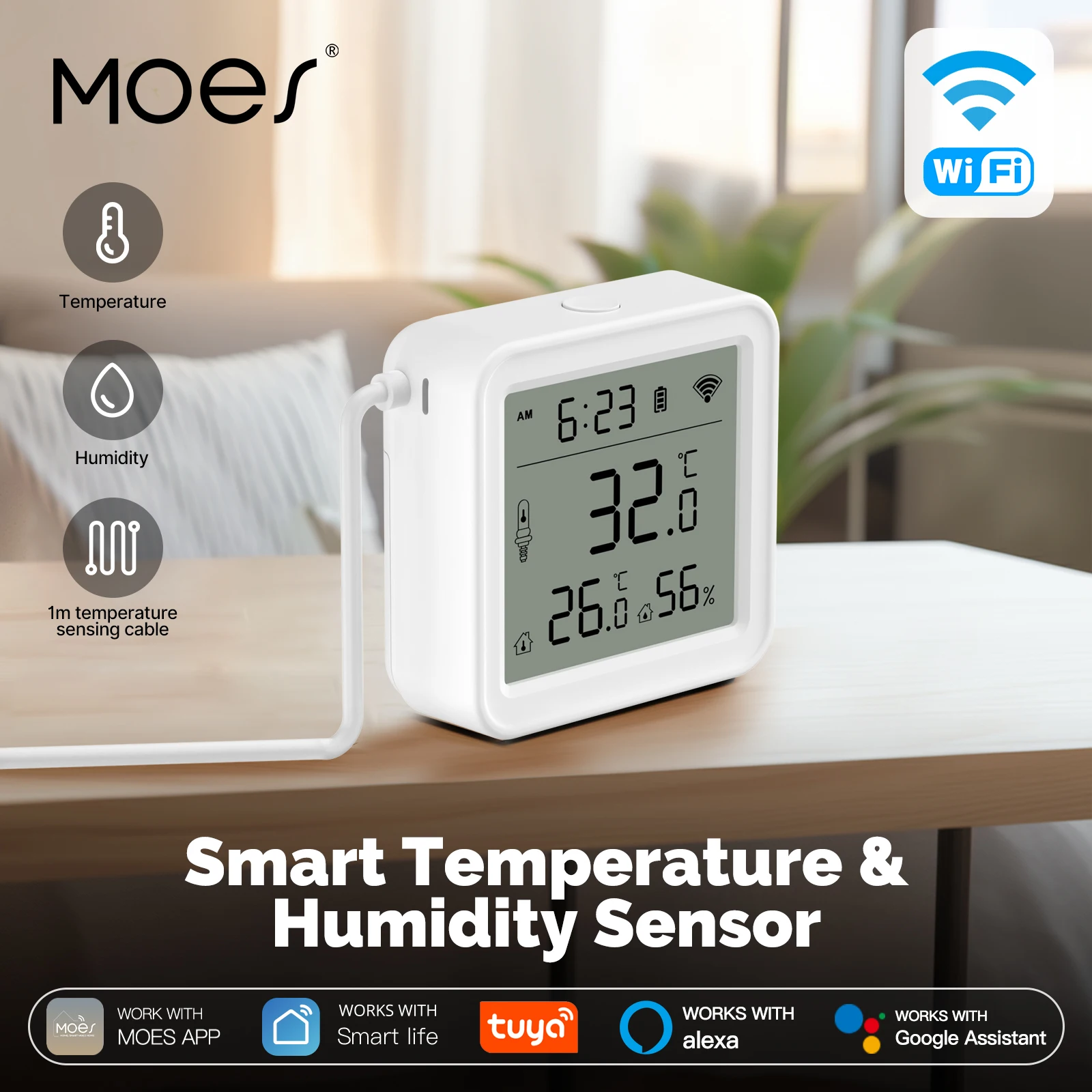 MOES Tuya WiFi Smart 1M External Sensor Cable Probe Temperature Humidity Sensor App Remote Monitor Work With Alexa Google Home