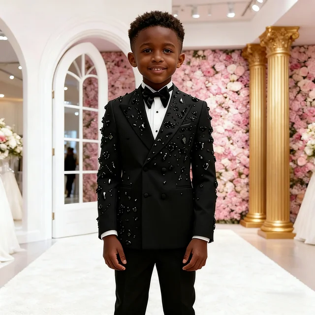 Costumes de luxe pour garçon, blazers de bal noirs ornés de cristaux, sur mesure, 2 pièces, double boutonnage, pour enfants, pour fêtes formelles et mariages 1