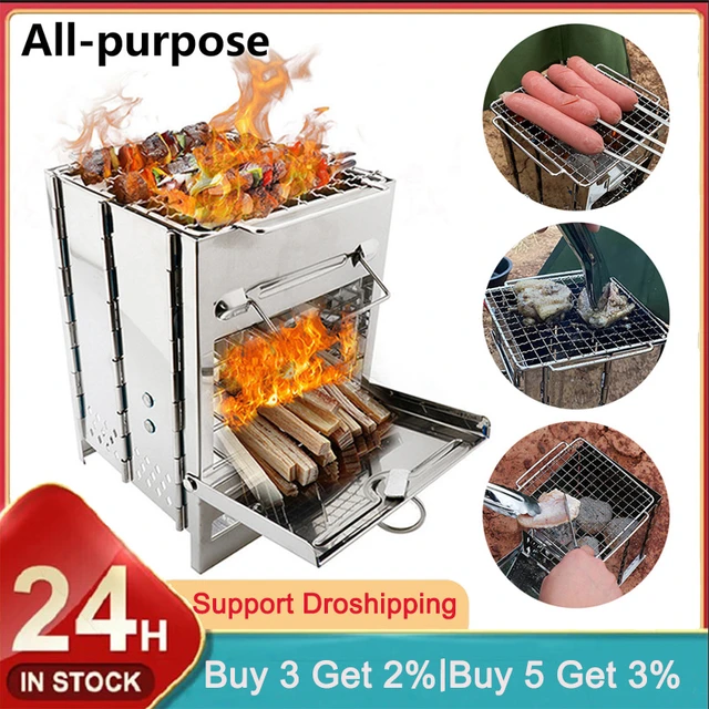 Portable Folding Bbq Grill Heating Stoves Multifunction Camping Barbecue  Grill Rack Net Firewood Stove Stainless Steel Bbq Grill - Bbq Grills -  AliExpress