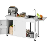 Outdoor Grill Table with Stainless Steel Sink and Drainage, Grill Cart with Foldable Side Table and Cabinet 1
