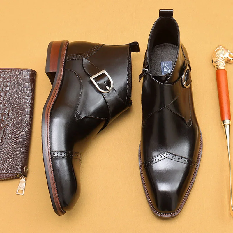 

Luxury Men's Boots High Quality Buckle Strap Ankle Boots Casual Dress Man Shoes Office Wedding Genuine Leather Boots For Men