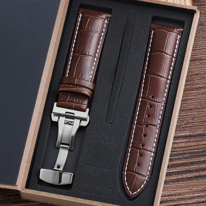 Luxury Genuine Cowhide Leather Watch Strap with Butterfly Clasp and Gift Box