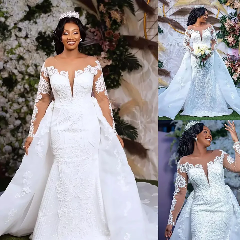Elegantes weißes 2-in-1 Meerjungfrauen-Brautkleid mit abnehmbarer Schleppe 2026, lange Ärmel, Spitzenapplikationen, sexy Brautkleid, Vestidos De Novia – Detail 6